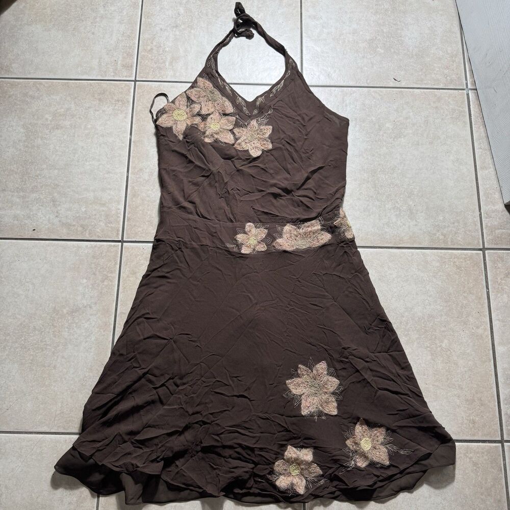 NOS Y2K Yves Cossette Depeche Mode Dress 14 Brown Floral Embroidered Halter Maxi